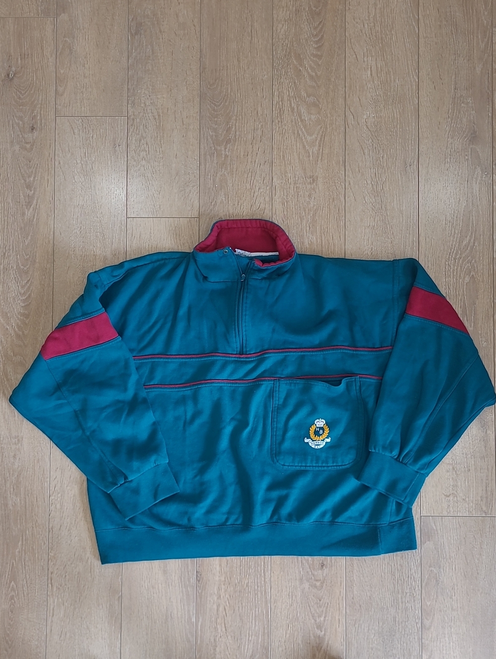 Vintage Harbor Bay Teal and Burgundy Quarter-Zip Pullover Sweatshirt
